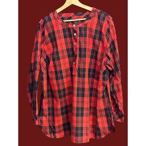 NWOT Talbots Red Plaid Rhinestone Button Front Tunic Blouse Classic Preppy 3X